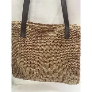 Unbranded Tan Woven Straw Tote Bag Brown Faux Leather Straps Summer Beach Bag